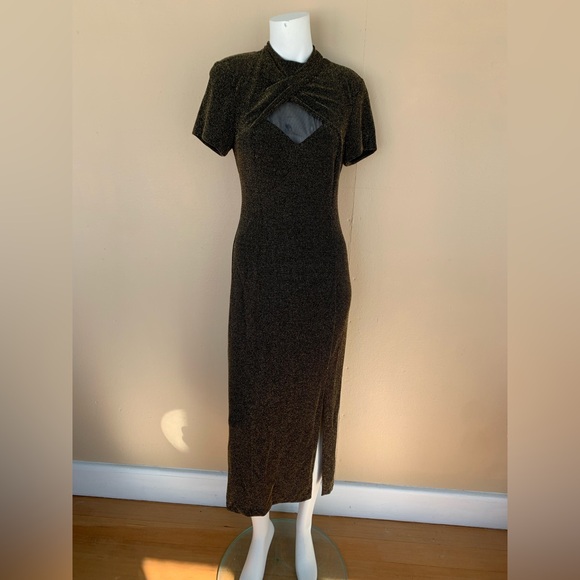 Vintage 90s Gold Peekaboo Evening Dress | Short Sleeve Mockneck Gown w Slit - Picture 7 of 11